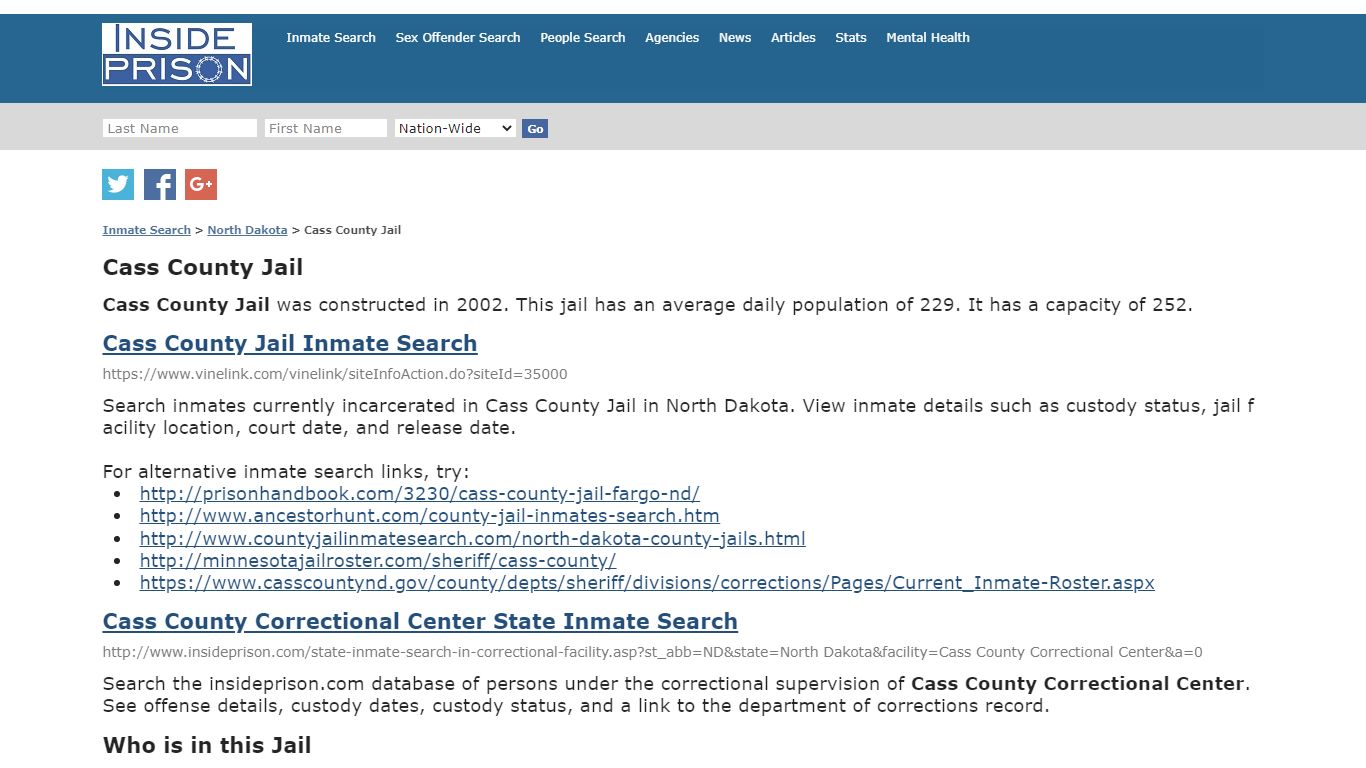 Cass County Jail - North Dakota - Inmate Search - Inside Prison